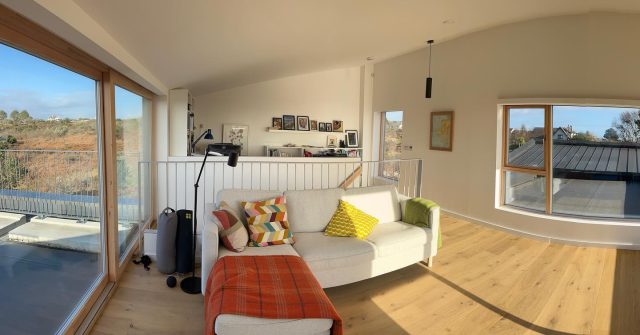 Will it ever stop raining in the West?
 
Just sharing some pics from some brighter days from my office to remind myself that the sun does come out and when it does, it’s glorious. 

This room is a work in progress, it’s divided between an office and a space to chill. There’s no TV here, for fear our little monkeys would get too comfortable enjoying their favourite shows here.

It’s a space to look out at the view and surrounding landscape, a place to practice yoga when I get a chance, or escape from the chaos for a sneaky snooze. A great feature is the electric concealed blinds that I can close from my phone, when I’m too lazy to go up the stairs.  @apollointeriorsgalway 
 
I’ve really missed having a designated office during the build and now it feels so grounding to have a place to come that works so well and is comfortable and won’t be disturbed by little curious hands when your back is turned. 
 
It is uplifting to have a bright and airy space to work, with space for the eyes to look out while searching for the answers to design challenges. A good feature of the design is the office is hidden by half wall while in the lounge. This space delivers brilliantly in usability and volumetrically. Nothing is wasted. 
 
Room dimensions – 6.5M x 4.5M
Ceiling height goes from 2M to 3.1M
 
Floor is engineered extra matt oak
Railings custom made by Martyn engineering
Couch and storage, floating shelf – Ikea
External composite decking to be installed this summer
Green Sedum roof to be installed on flat roofs in the future
#homeoffice #skyroom #selfbuild #roomwithaview #spacetothink #constructionstory